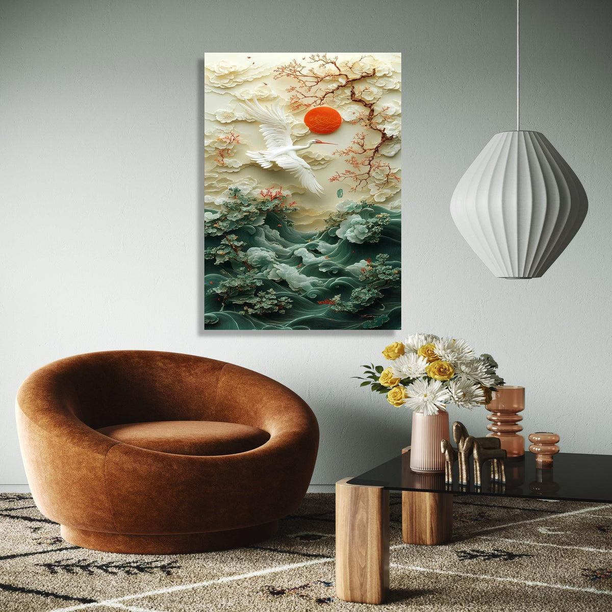 Elegant Crane and Cherry Blossom Canvas, Oriental Nature Wall Art, Zen Landscape Canvas, Red Sun and Waves Gift Art, Home Decor, Print