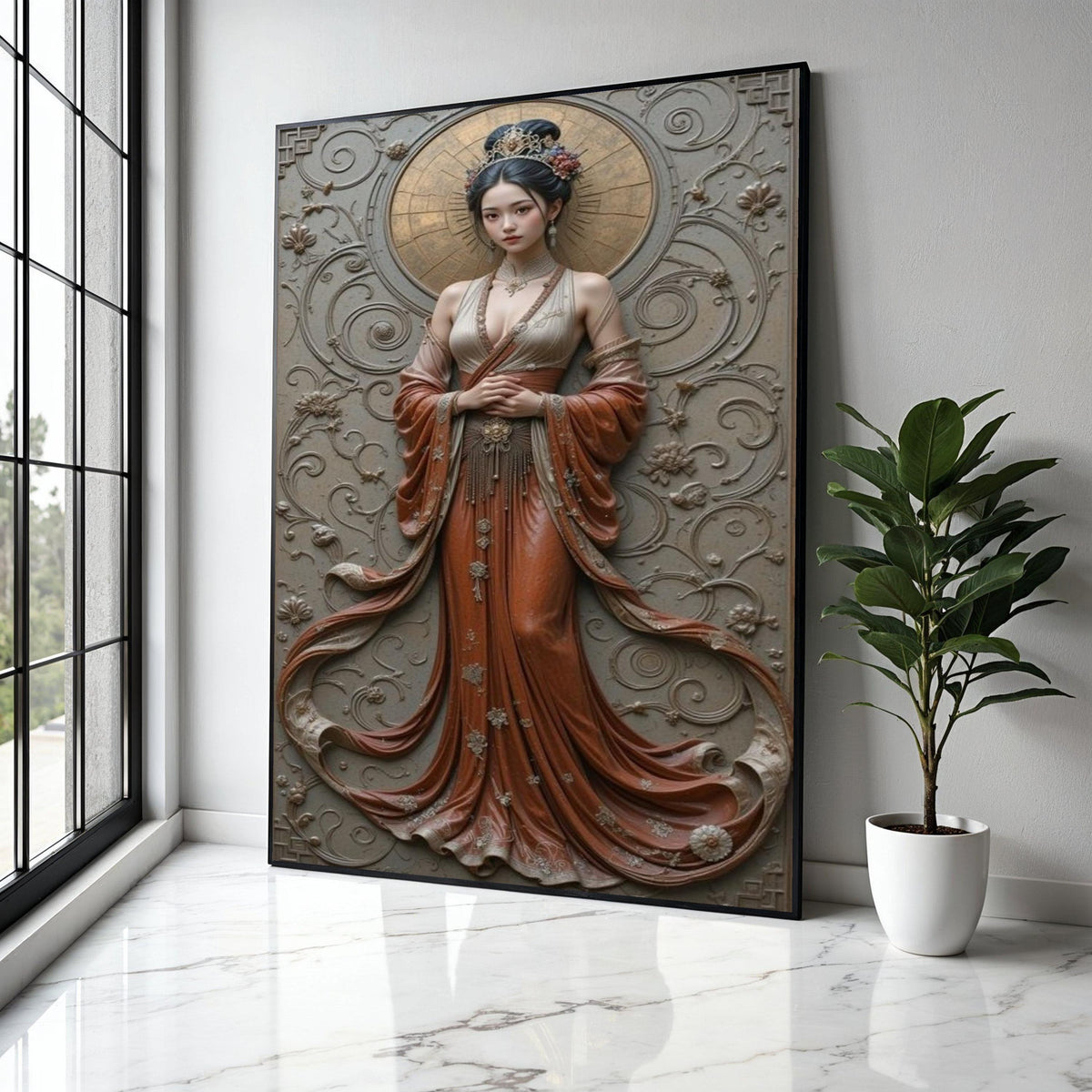 Elegant Asian Woman Canvas Wall Art, Traditional Dress Portrait, Vintage Style Home Decor, Embossed Floral Gift Art, Home Decor, Print