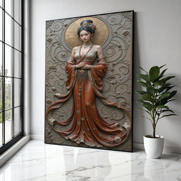 Elegant Asian Woman Canvas Wall Art, Traditional Dress Portrait, Vintage Style Home Decor, Embossed Floral Gift Art, Home Decor, Print