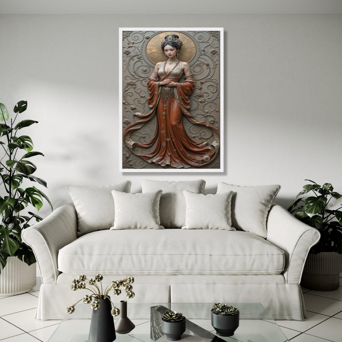 Elegant Asian Woman Canvas Wall Art, Traditional Dress Portrait, Vintage Style Home Decor, Embossed Floral Gift Art, Home Decor, Print