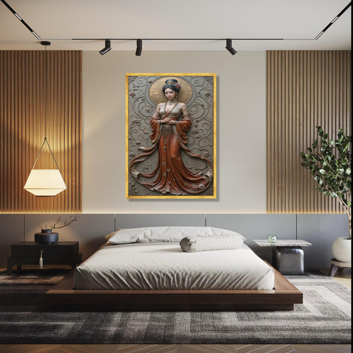 Elegant Asian Woman Canvas Wall Art, Traditional Dress Portrait, Vintage Style Home Decor, Embossed Floral Gift Art, Home Decor, Print