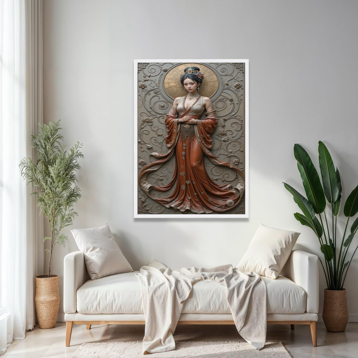 Elegant Asian Woman Canvas Wall Art, Traditional Dress Portrait, Vintage Style Home Decor, Embossed Floral Gift Art, Home Decor, Print
