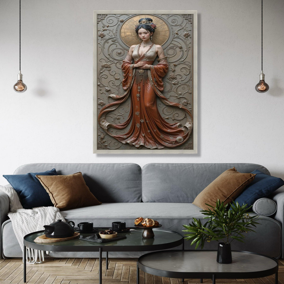 Elegant Asian Woman Canvas Wall Art, Traditional Dress Portrait, Vintage Style Home Decor, Embossed Floral Gift Art, Home Decor, Print