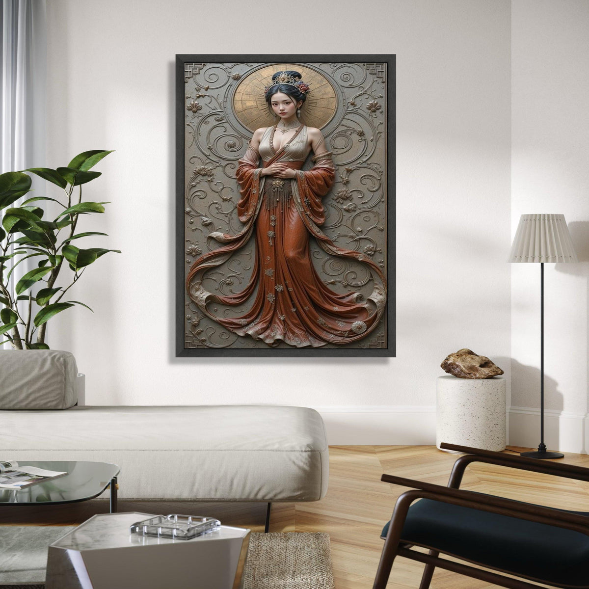 Elegant Asian Woman Canvas Wall Art, Traditional Dress Portrait, Vintage Style Home Decor, Embossed Floral Gift Art, Home Decor, Print