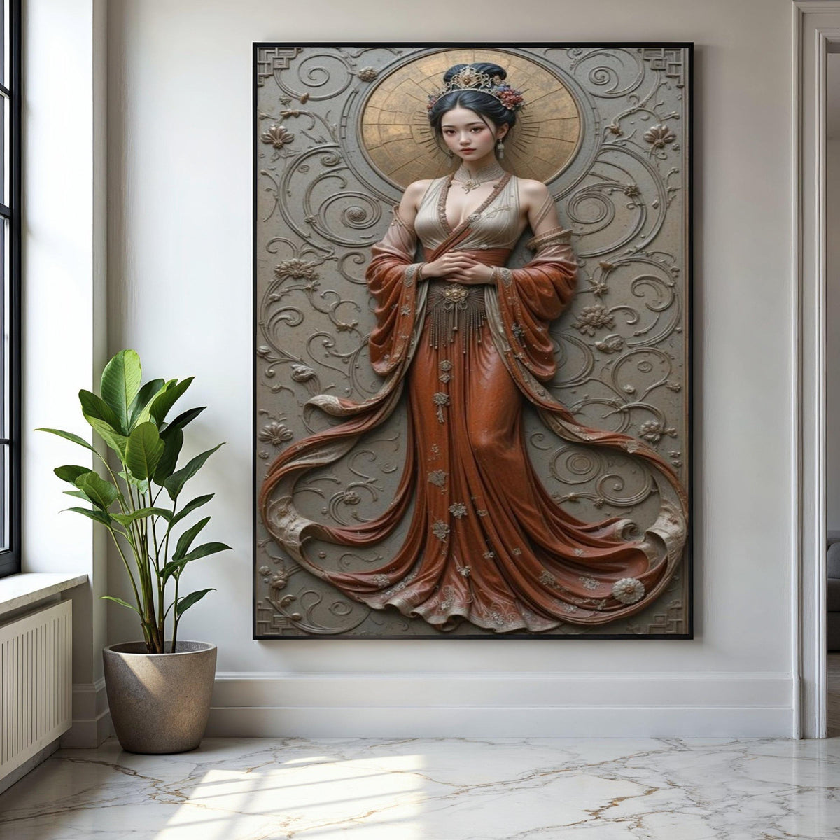 Elegant Asian Woman Canvas Wall Art, Traditional Dress Portrait, Vintage Style Home Decor, Embossed Floral Gift Art, Home Decor, Print