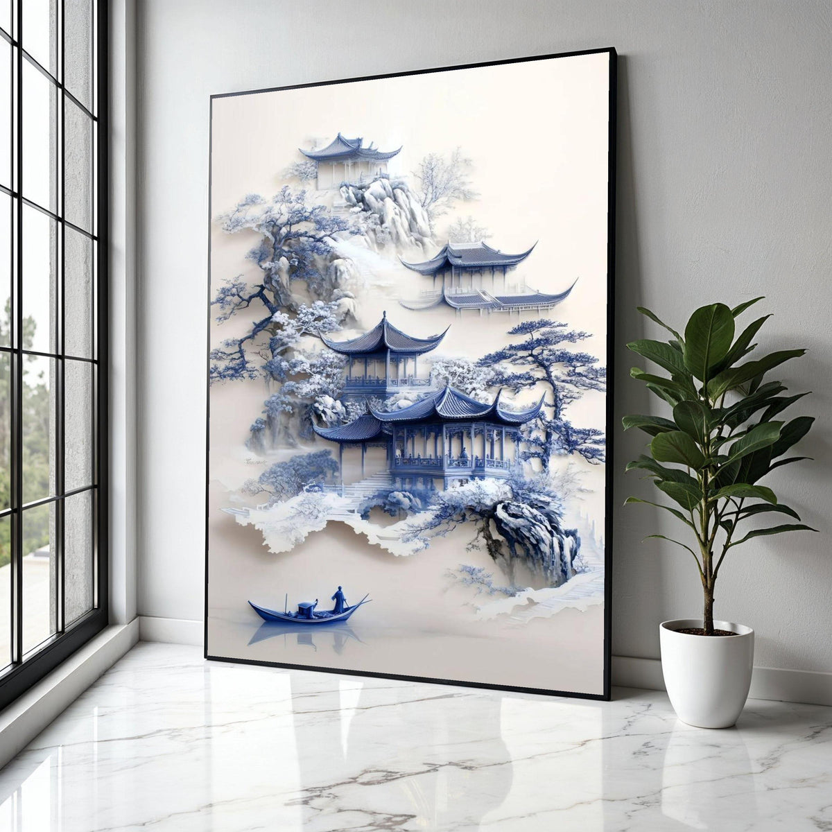 Tranquil Asian Pagoda Scene Canvas, Misty Mountain Landscape Art, Blue Ink Style Wall Decor, Traditional Chinese Gift Art, Home Decor, Print