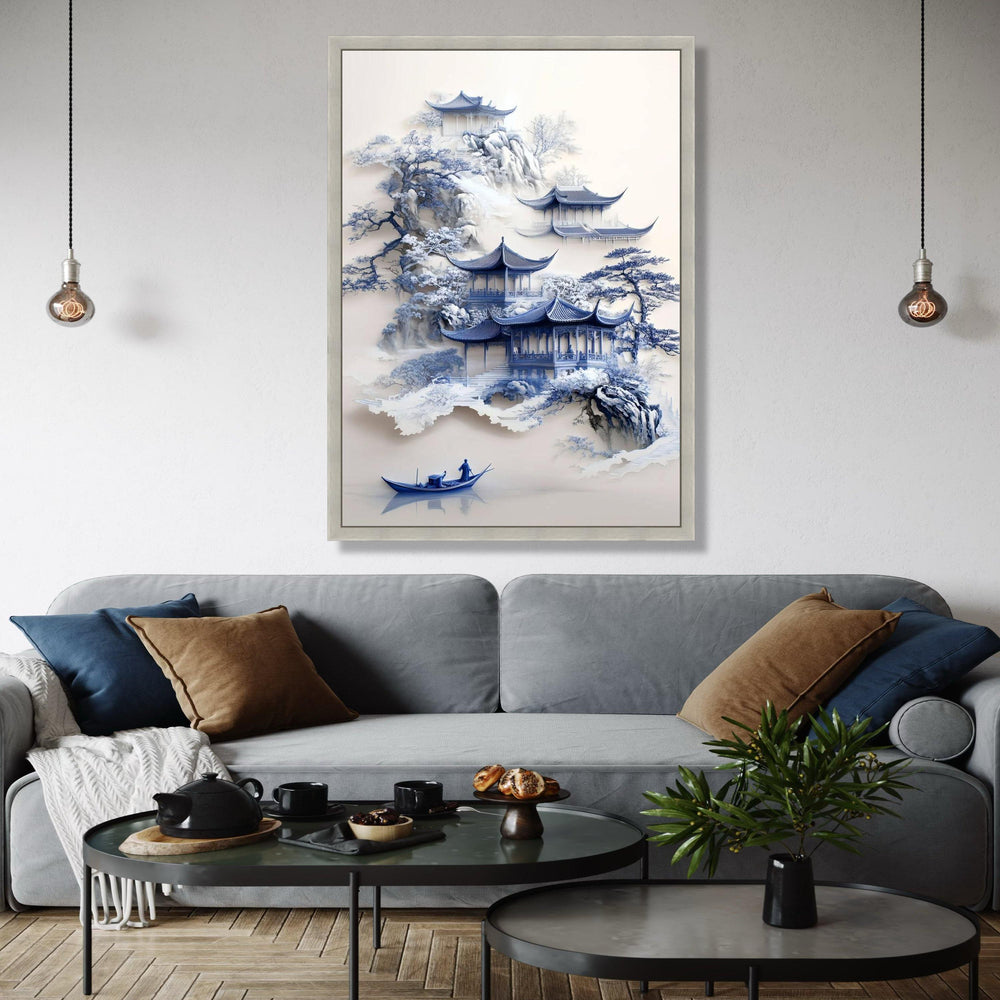 Tranquil Asian Pagoda Scene Canvas, Misty Mountain Landscape Art, Blue Ink Style Wall Decor, Traditional Chinese Gift Art, Home Decor, Print