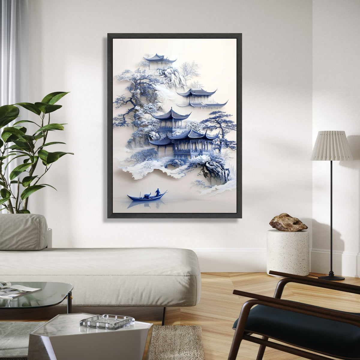 Tranquil Asian Pagoda Scene Canvas, Misty Mountain Landscape Art, Blue Ink Style Wall Decor, Traditional Chinese Gift Art, Home Decor, Print