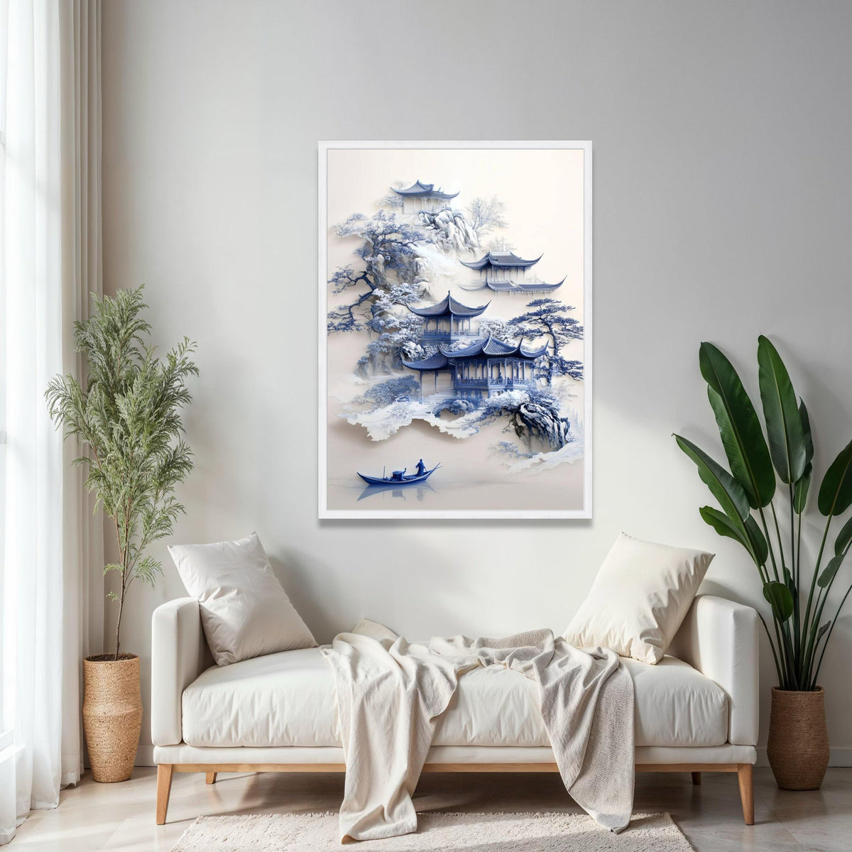 Tranquil Asian Pagoda Scene Canvas, Misty Mountain Landscape Art, Blue Ink Style Wall Decor, Traditional Chinese Gift Art, Home Decor, Print