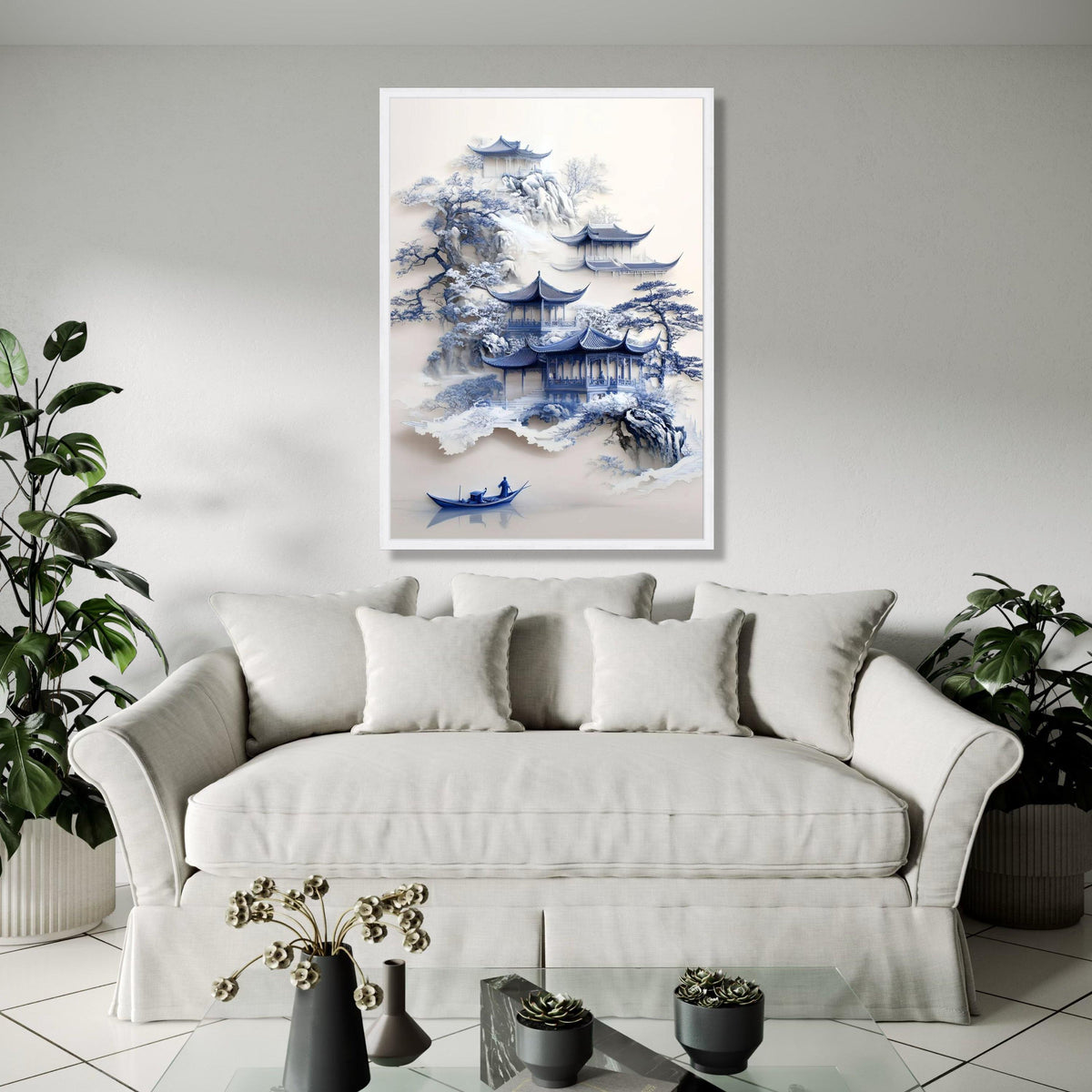 Tranquil Asian Pagoda Scene Canvas, Misty Mountain Landscape Art, Blue Ink Style Wall Decor, Traditional Chinese Gift Art, Home Decor, Print