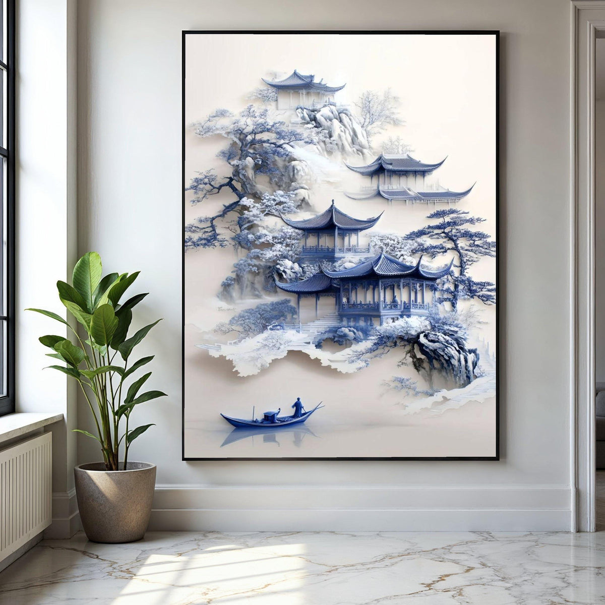 Tranquil Asian Pagoda Scene Canvas, Misty Mountain Landscape Art, Blue Ink Style Wall Decor, Traditional Chinese Gift Art, Home Decor, Print