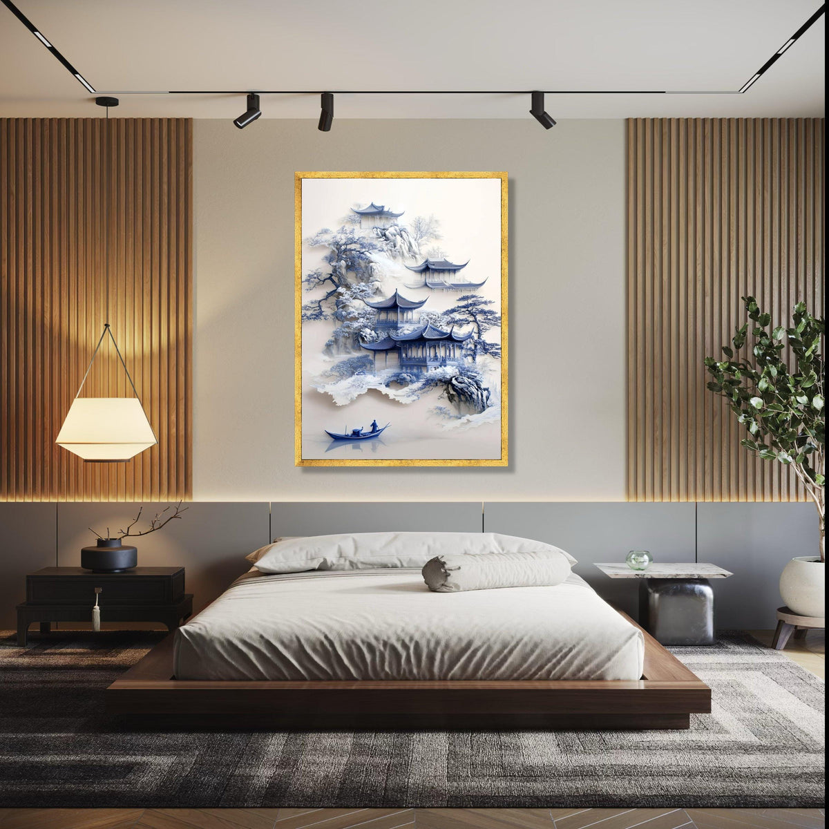 Tranquil Asian Pagoda Scene Canvas, Misty Mountain Landscape Art, Blue Ink Style Wall Decor, Traditional Chinese Gift Art, Home Decor, Print