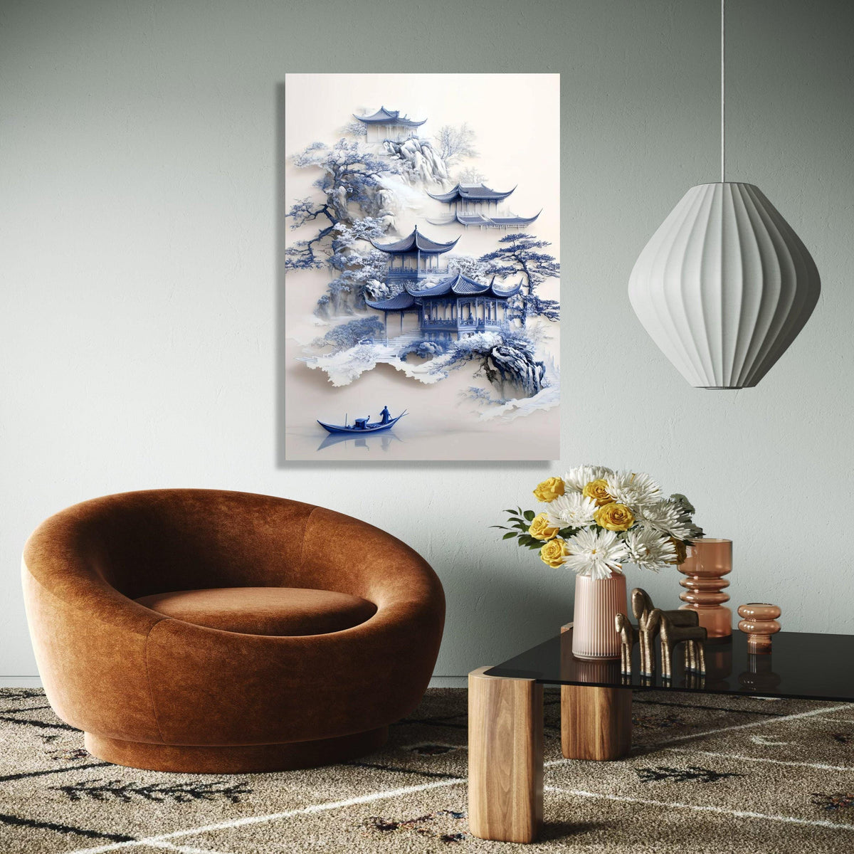 Tranquil Asian Pagoda Scene Canvas, Misty Mountain Landscape Art, Blue Ink Style Wall Decor, Traditional Chinese Gift Art, Home Decor, Print