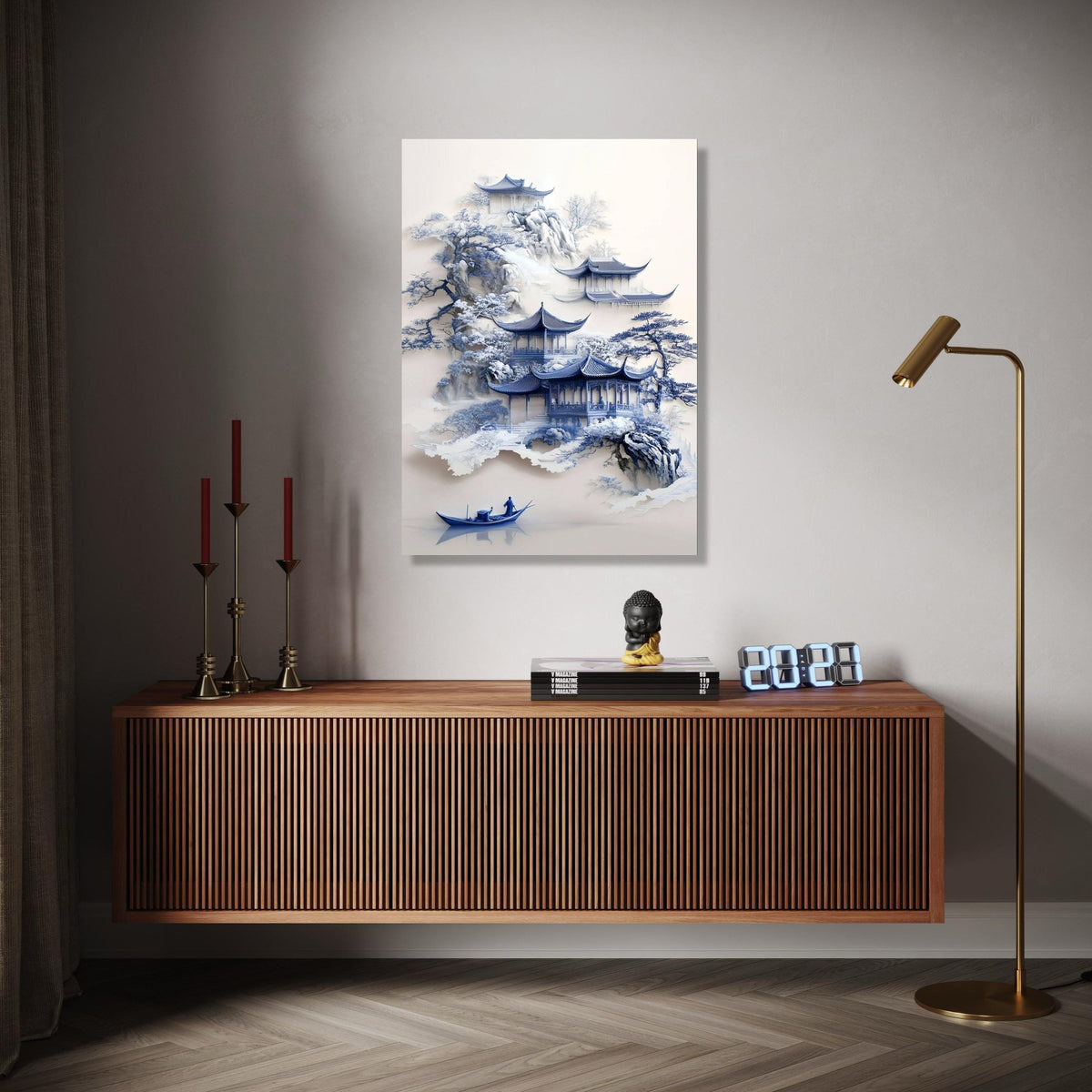Tranquil Asian Pagoda Scene Canvas, Misty Mountain Landscape Art, Blue Ink Style Wall Decor, Traditional Chinese Gift Art, Home Decor, Print