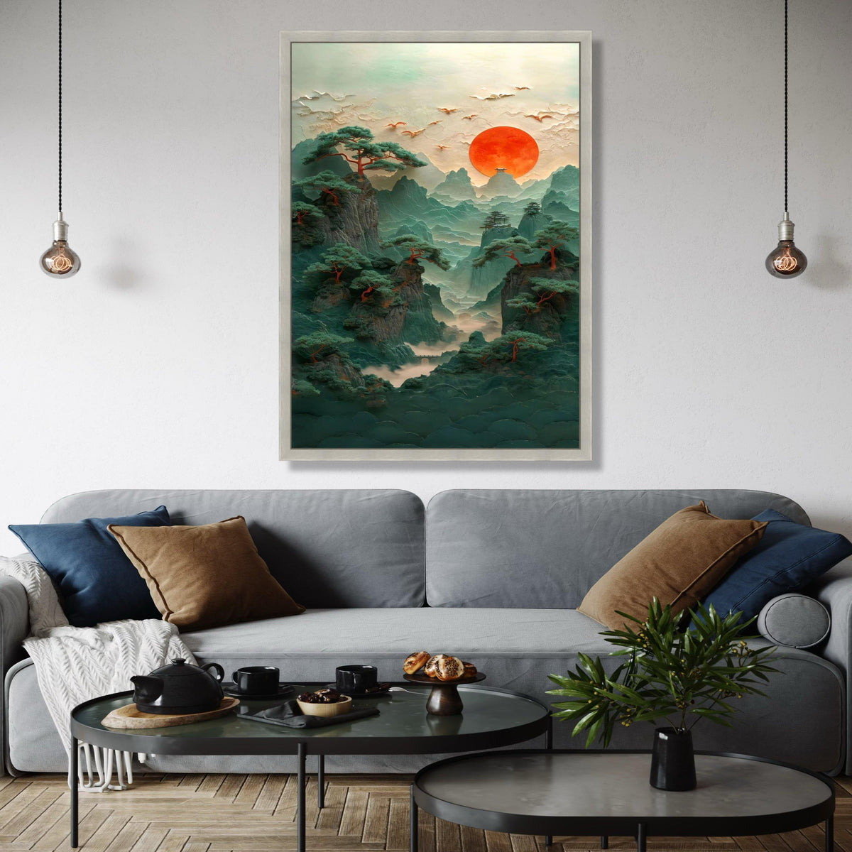 Mystical Mountain Landscape Canvas, Red Sun Sunset Wall Art, Asian Inspired Nature Scene, Pine Trees and Birds Gift Art, Home Decor, Print