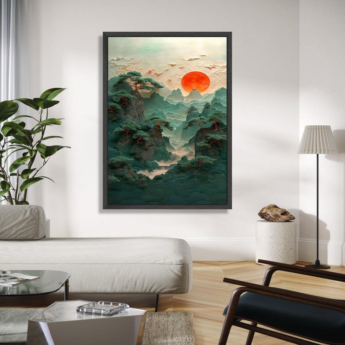 Mystical Mountain Landscape Canvas, Red Sun Sunset Wall Art, Asian Inspired Nature Scene, Pine Trees and Birds Gift Art, Home Decor, Print