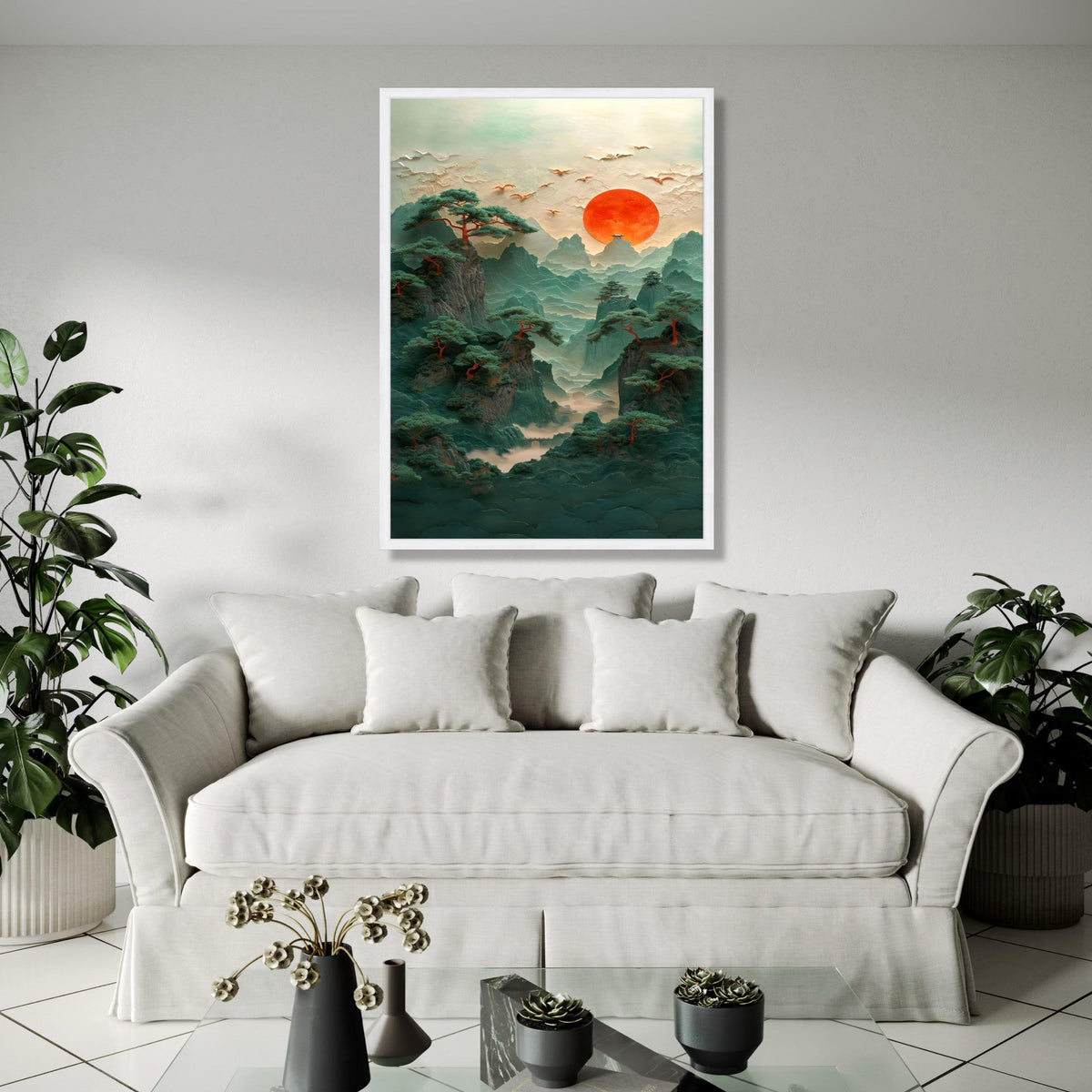 Mystical Mountain Landscape Canvas, Red Sun Sunset Wall Art, Asian Inspired Nature Scene, Pine Trees and Birds Gift Art, Home Decor, Print