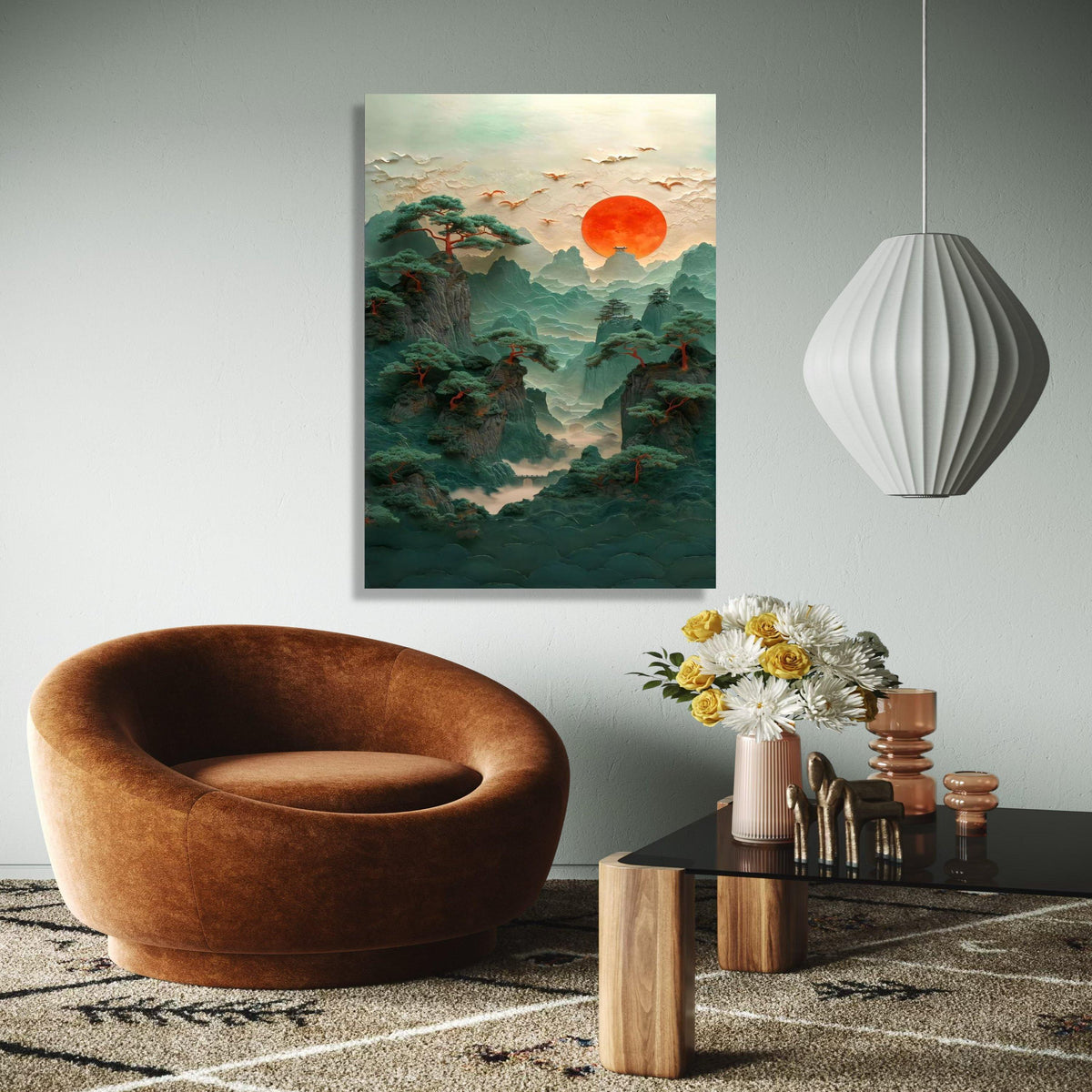 Mystical Mountain Landscape Canvas, Red Sun Sunset Wall Art, Asian Inspired Nature Scene, Pine Trees and Birds Gift Art, Home Decor, Print