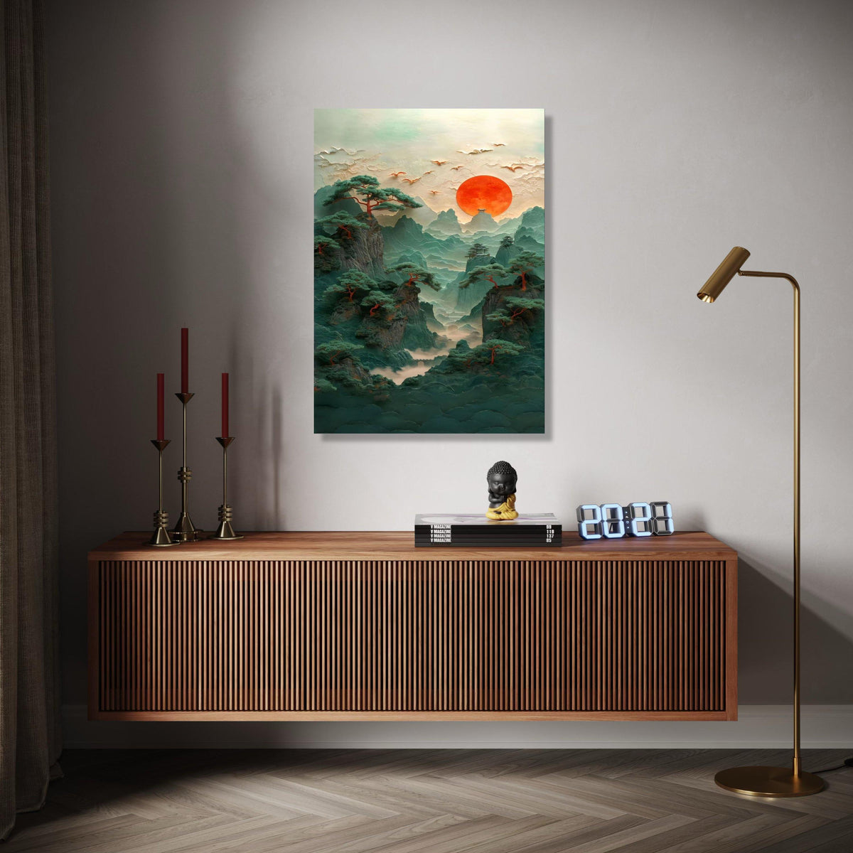 Mystical Mountain Landscape Canvas, Red Sun Sunset Wall Art, Asian Inspired Nature Scene, Pine Trees and Birds Gift Art, Home Decor, Print