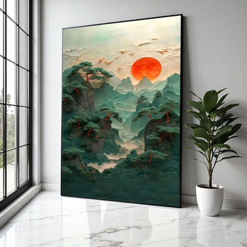 Mystical Mountain Landscape Canvas, Red Sun Sunset Wall Art, Asian Inspired Nature Scene, Pine Trees and Birds Gift Art, Home Decor, Print