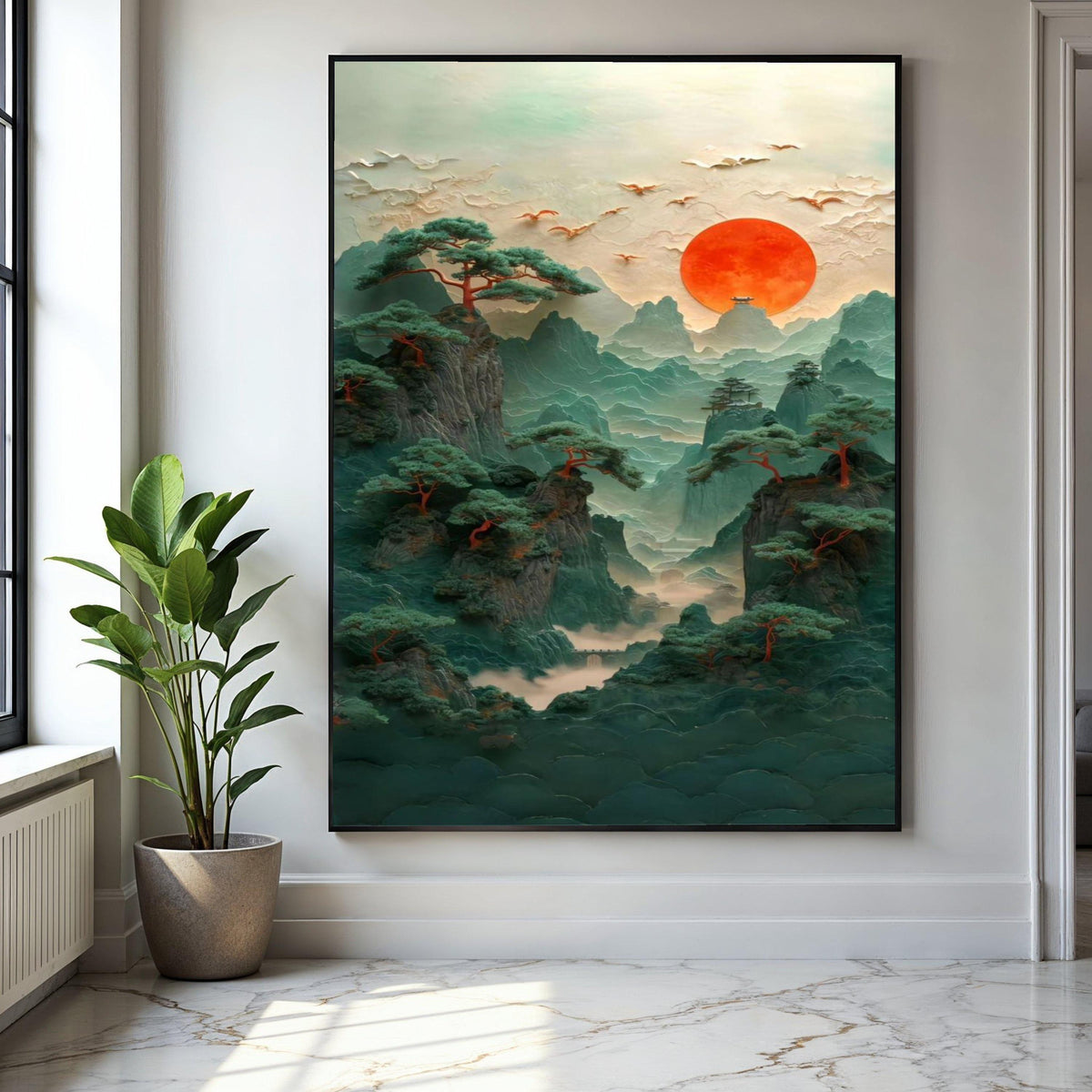 Mystical Mountain Landscape Canvas, Red Sun Sunset Wall Art, Asian Inspired Nature Scene, Pine Trees and Birds Gift Art, Home Decor, Print