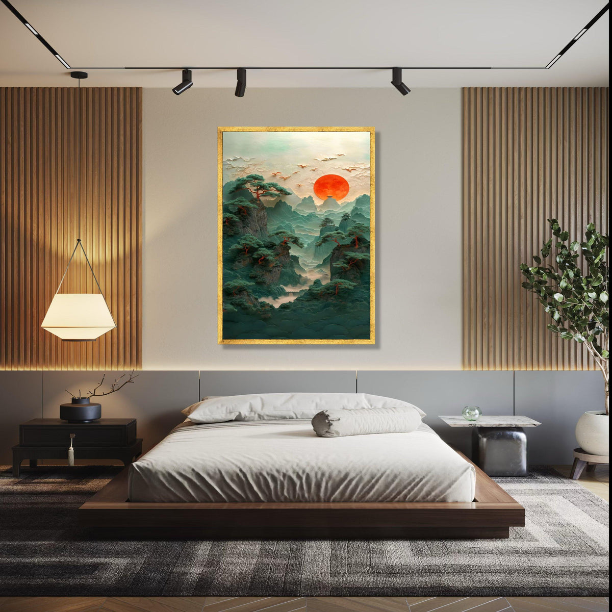 Mystical Mountain Landscape Canvas, Red Sun Sunset Wall Art, Asian Inspired Nature Scene, Pine Trees and Birds Gift Art, Home Decor, Print