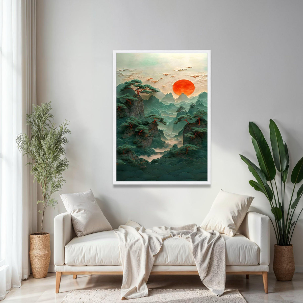 Mystical Mountain Landscape Canvas, Red Sun Sunset Wall Art, Asian Inspired Nature Scene, Pine Trees and Birds Gift Art, Home Decor, Print