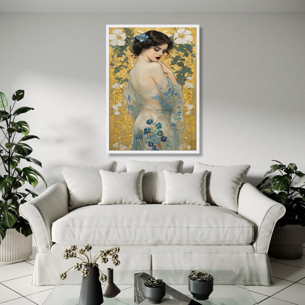 Elegant Woman with Floral Sheer Dress Canvas, Art Nouveau Style Portrait, Blue Flowers Wall Art, Decorative Home Gift Art, Home Decor, Print