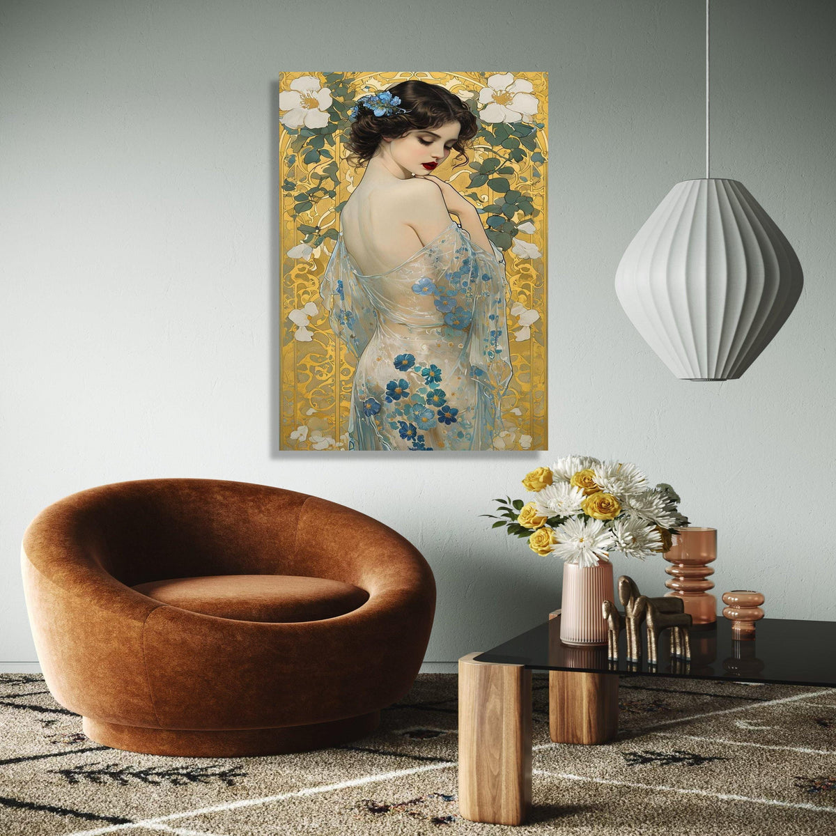 Elegant Woman with Floral Sheer Dress Canvas, Art Nouveau Style Portrait, Blue Flowers Wall Art, Decorative Home Gift Art, Home Decor, Print