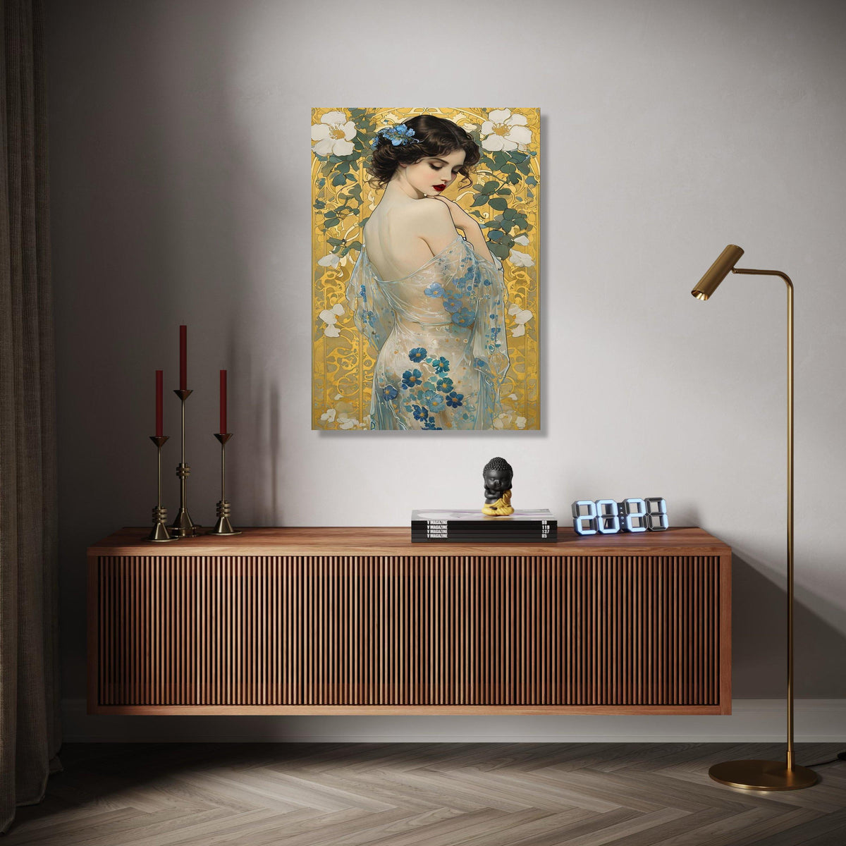Elegant Woman with Floral Sheer Dress Canvas, Art Nouveau Style Portrait, Blue Flowers Wall Art, Decorative Home Gift Art, Home Decor, Print