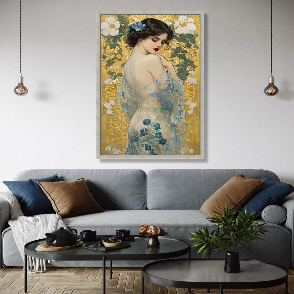 Elegant Woman with Floral Sheer Dress Canvas, Art Nouveau Style Portrait, Blue Flowers Wall Art, Decorative Home Gift Art, Home Decor, Print