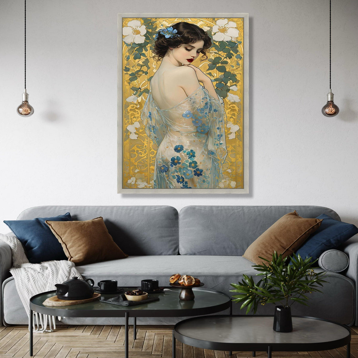 Elegant Woman with Floral Sheer Dress Canvas, Art Nouveau Style Portrait, Blue Flowers Wall Art, Decorative Home Gift Art, Home Decor, Print