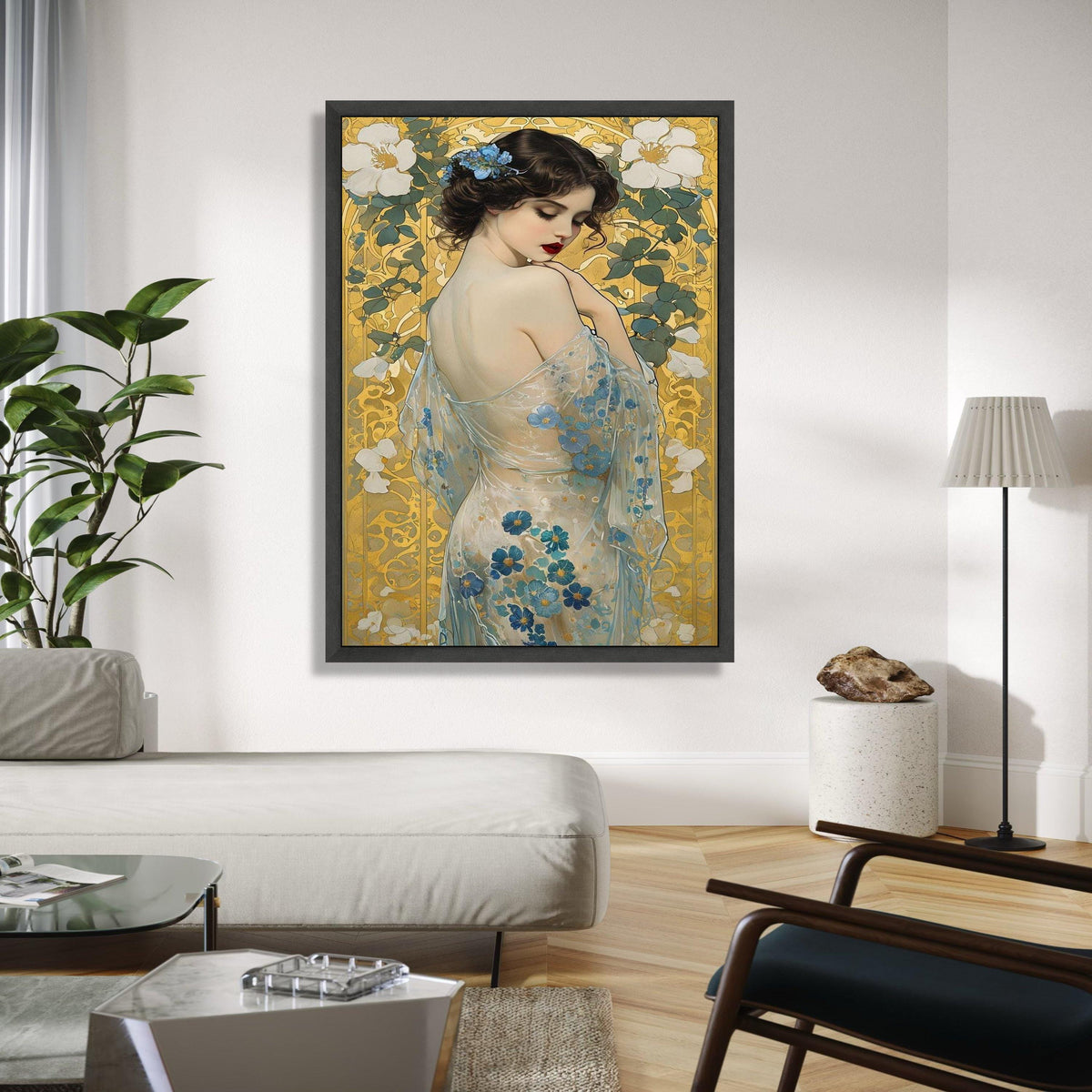 Elegant Woman with Floral Sheer Dress Canvas, Art Nouveau Style Portrait, Blue Flowers Wall Art, Decorative Home Gift Art, Home Decor, Print