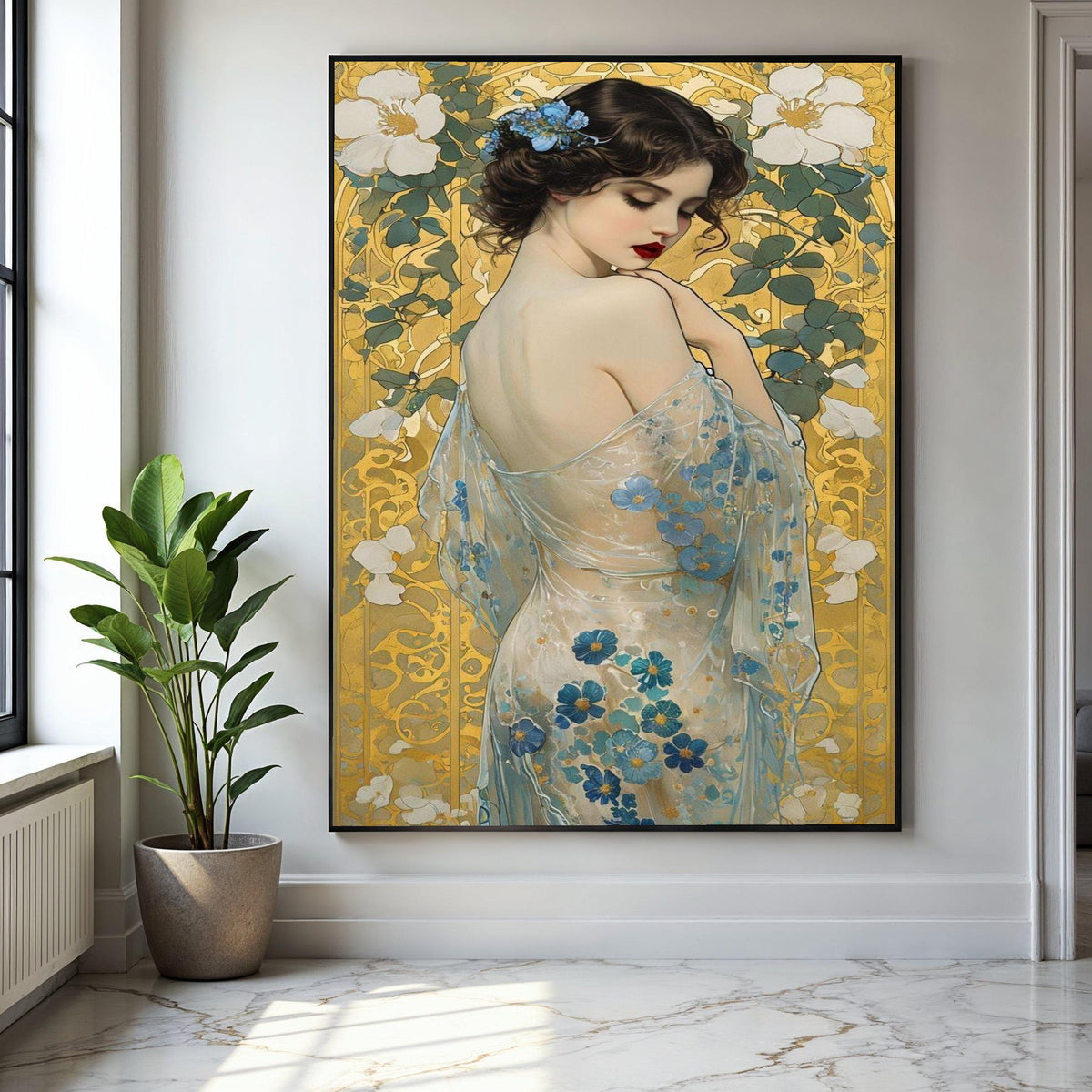 Elegant Woman with Floral Sheer Dress Canvas, Art Nouveau Style Portrait, Blue Flowers Wall Art, Decorative Home Gift Art, Home Decor, Print