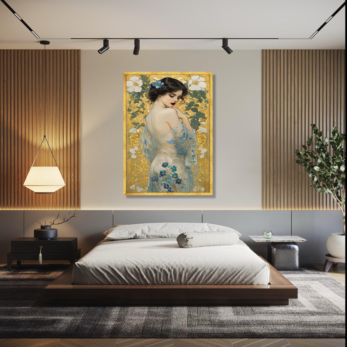 Elegant Woman with Floral Sheer Dress Canvas, Art Nouveau Style Portrait, Blue Flowers Wall Art, Decorative Home Gift Art, Home Decor, Print