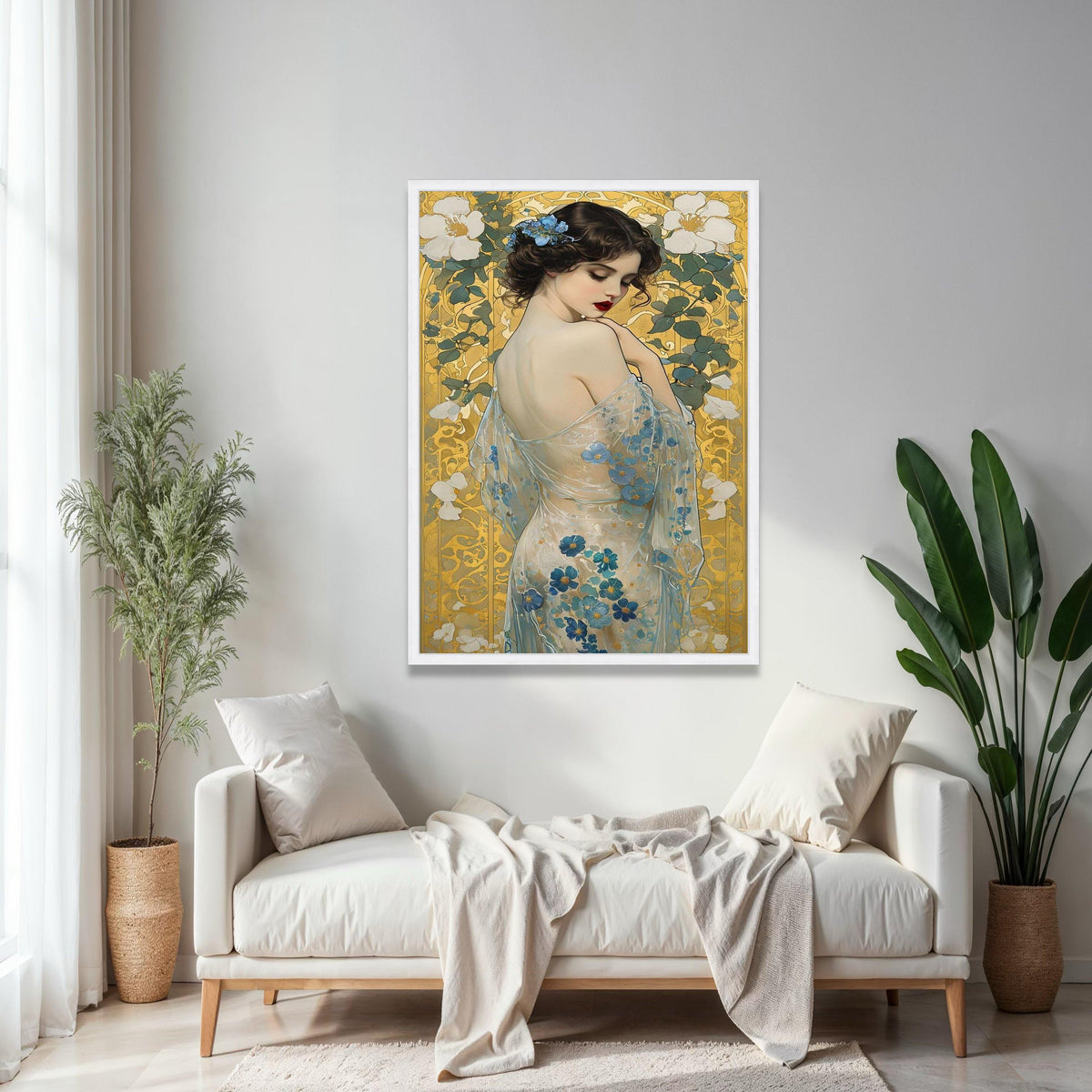 Elegant Woman with Floral Sheer Dress Canvas, Art Nouveau Style Portrait, Blue Flowers Wall Art, Decorative Home Gift Art, Home Decor, Print