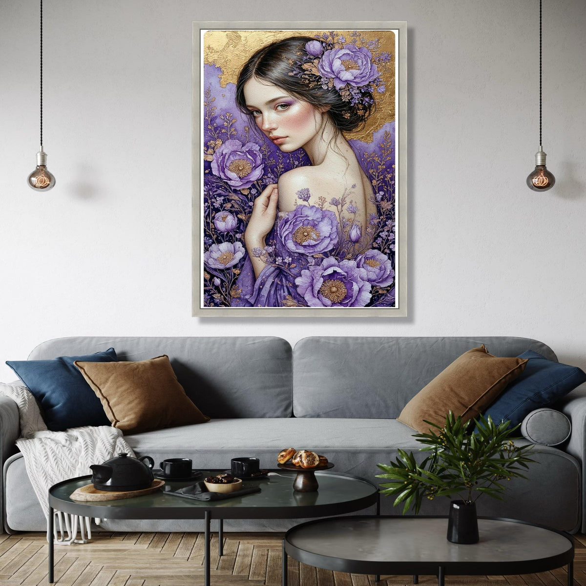 Elegant Woman Portrait Canvas, Purple Floral Art, Gold Accent Wall Decor, Feminine Beauty Painting, Botanical Gift Art, Home Decor, Print