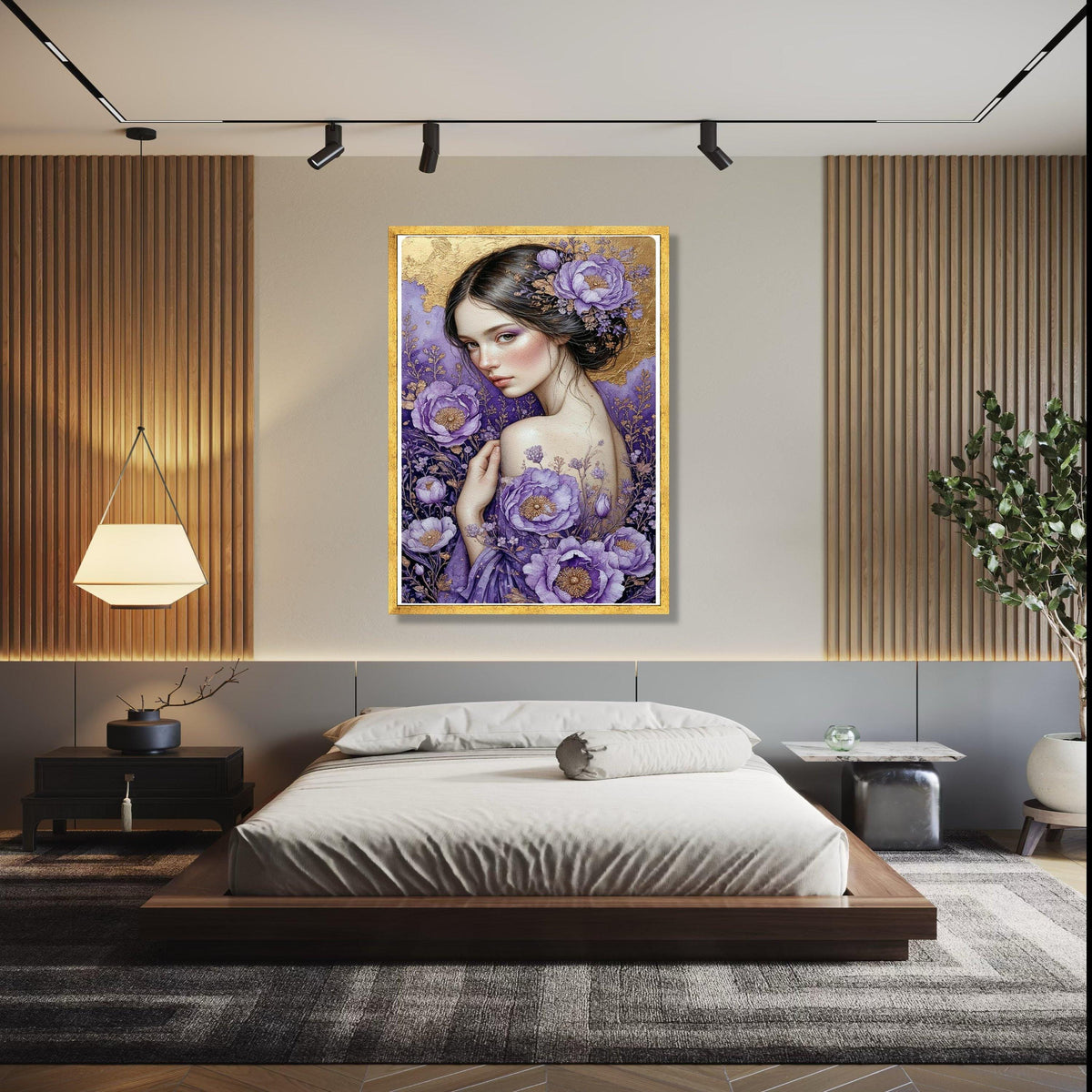 Elegant Woman Portrait Canvas, Purple Floral Art, Gold Accent Wall Decor, Feminine Beauty Painting, Botanical Gift Art, Home Decor, Print