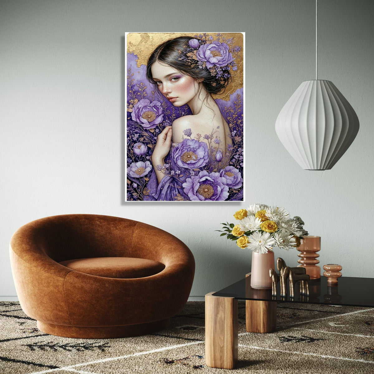 Elegant Woman Portrait Canvas, Purple Floral Art, Gold Accent Wall Decor, Feminine Beauty Painting, Botanical Gift Art, Home Decor, Print