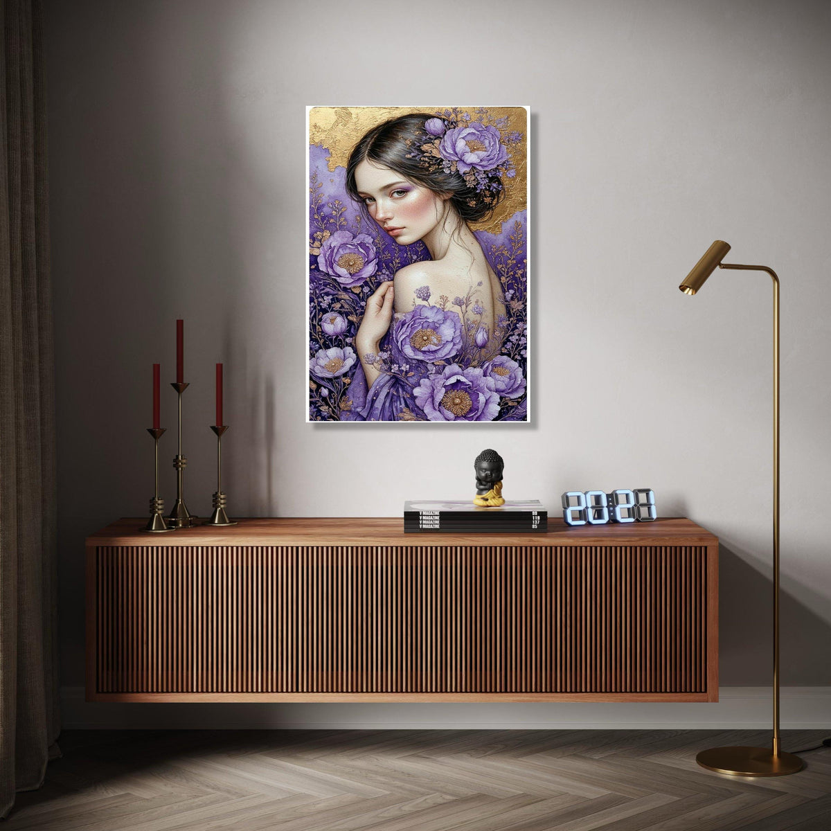 Elegant Woman Portrait Canvas, Purple Floral Art, Gold Accent Wall Decor, Feminine Beauty Painting, Botanical Gift Art, Home Decor, Print