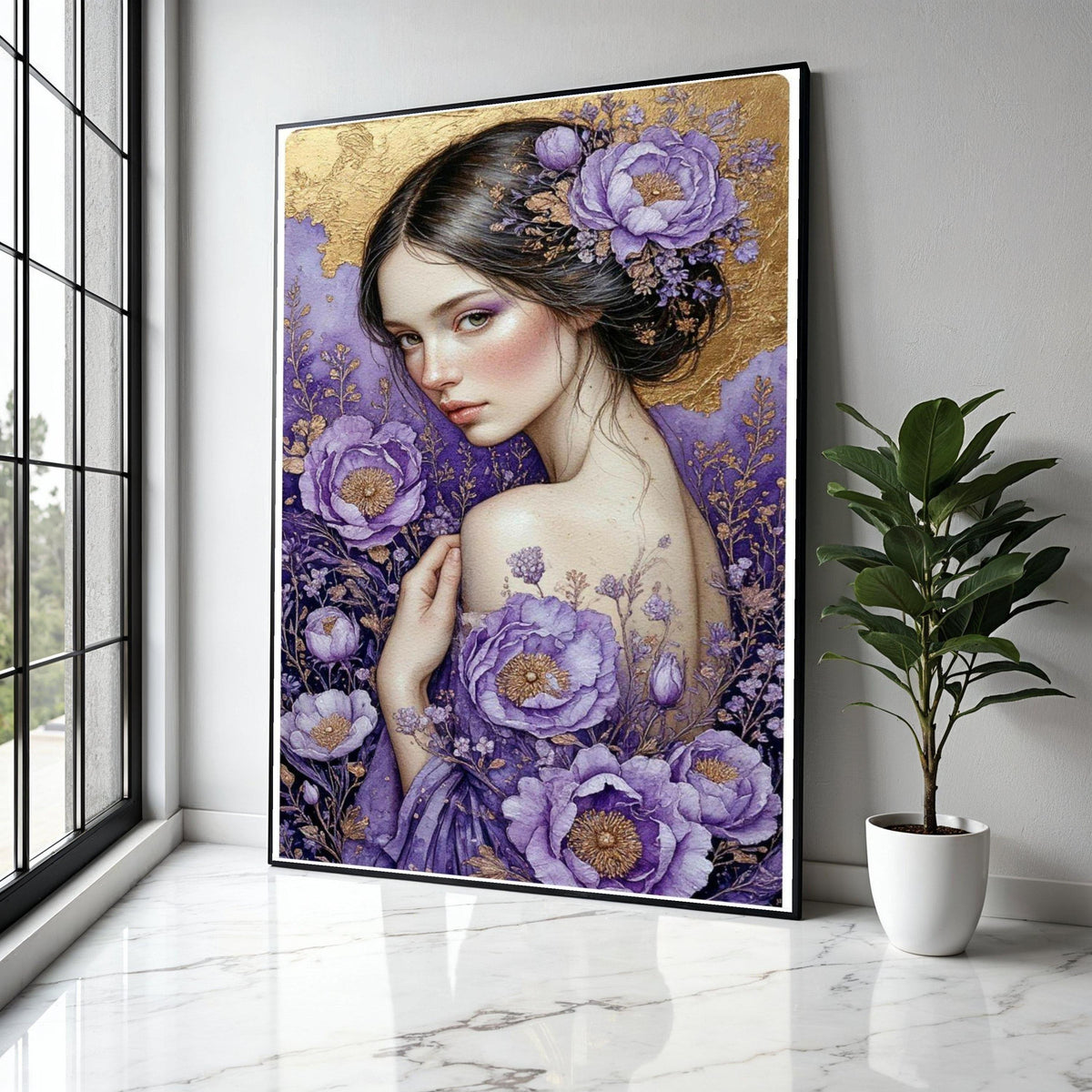 Elegant Woman Portrait Canvas, Purple Floral Art, Gold Accent Wall Decor, Feminine Beauty Painting, Botanical Gift Art, Home Decor, Print