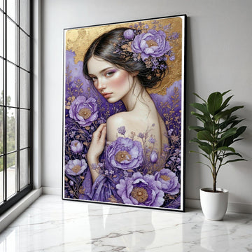 Elegant Woman Portrait Canvas, Purple Floral Art, Gold Accent Wall Decor, Feminine Beauty Painting, Botanical Gift Art, Home Decor, Print