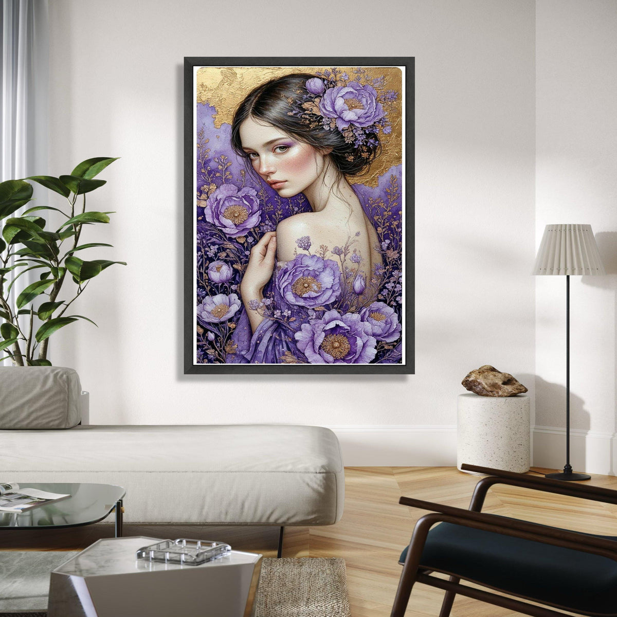 Elegant Woman Portrait Canvas, Purple Floral Art, Gold Accent Wall Decor, Feminine Beauty Painting, Botanical Gift Art, Home Decor, Print