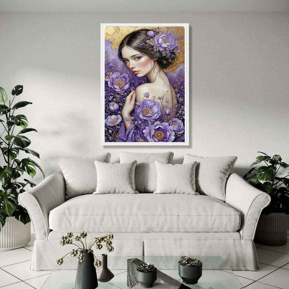Elegant Woman Portrait Canvas, Purple Floral Art, Gold Accent Wall Decor, Feminine Beauty Painting, Botanical Gift Art, Home Decor, Print