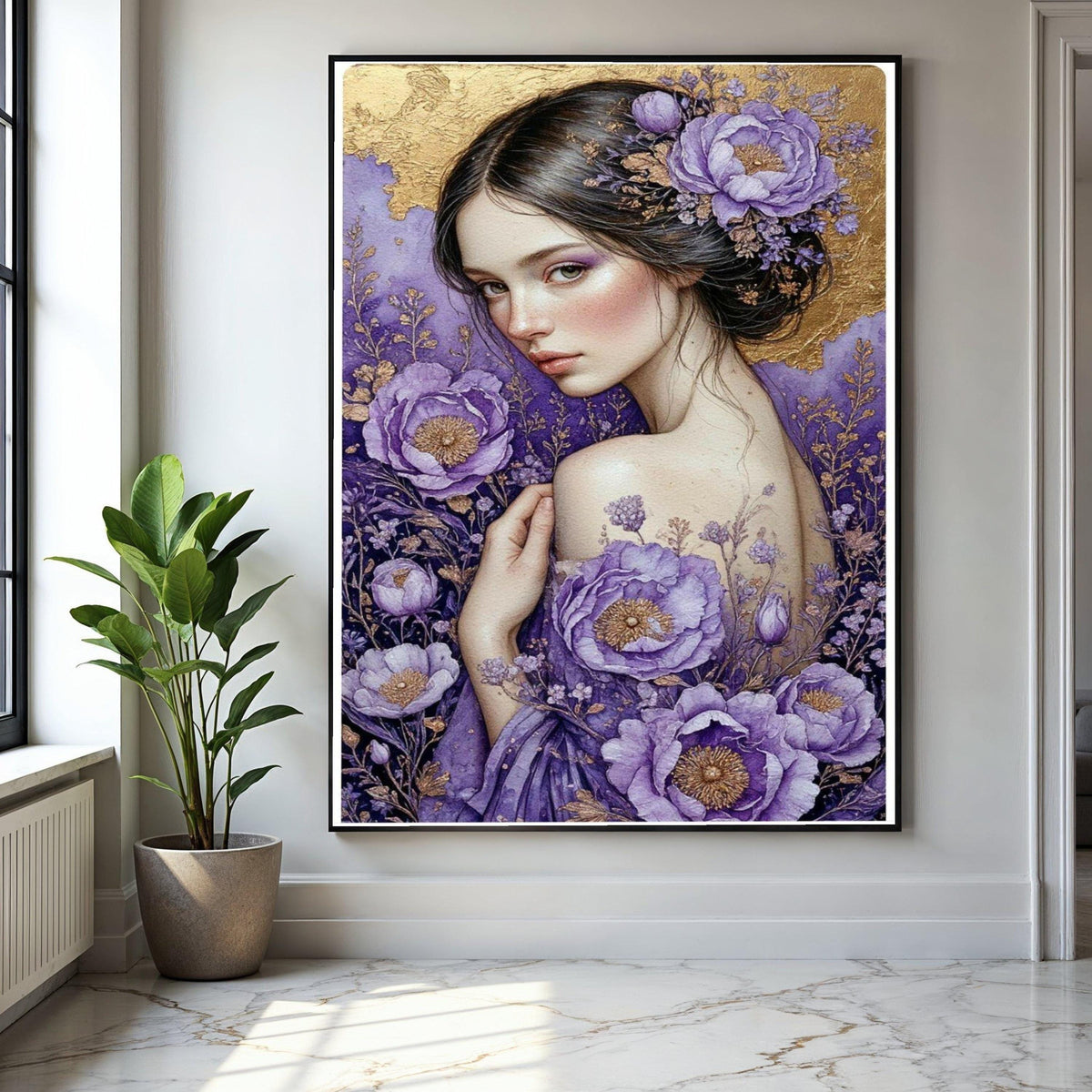 Elegant Woman Portrait Canvas, Purple Floral Art, Gold Accent Wall Decor, Feminine Beauty Painting, Botanical Gift Art, Home Decor, Print