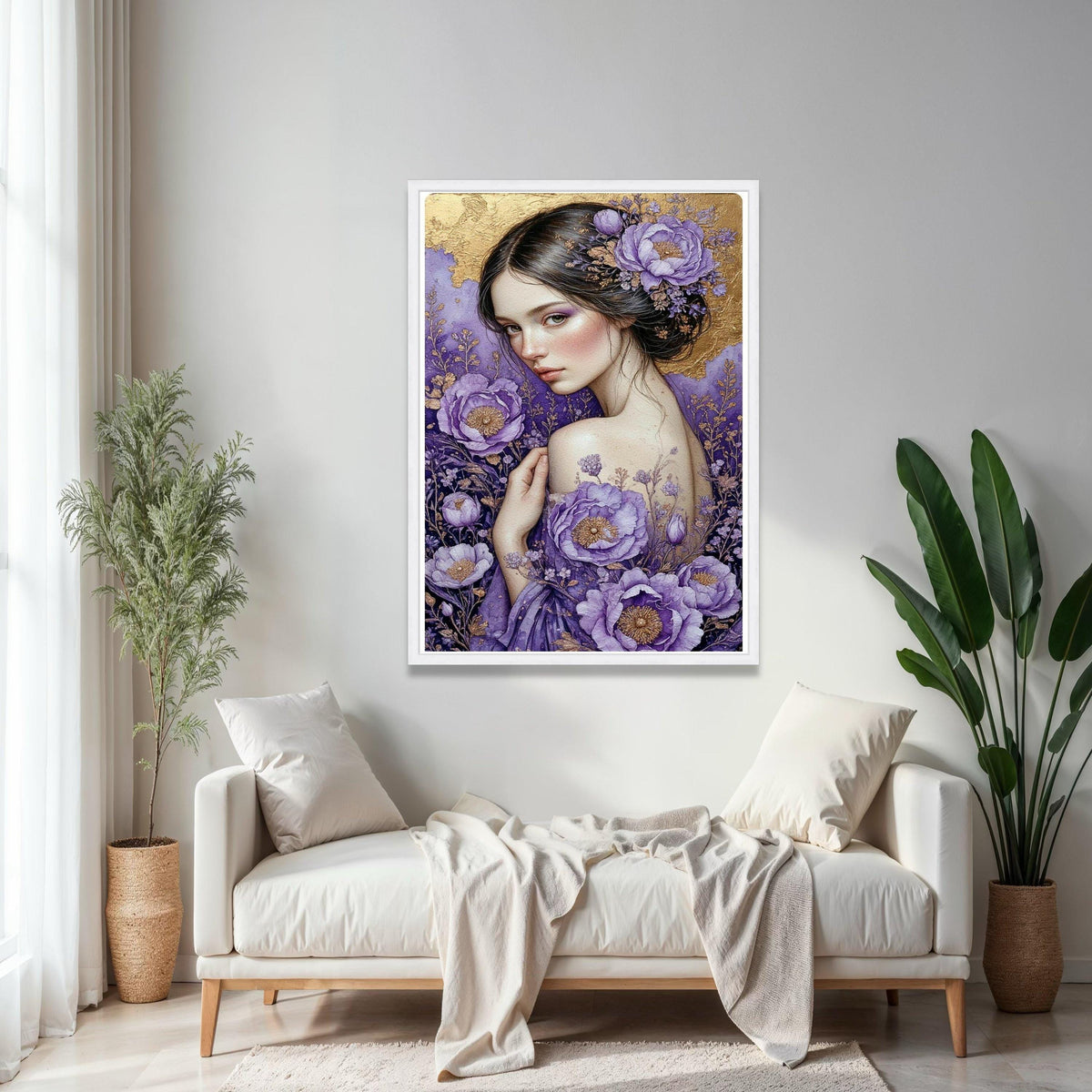 Elegant Woman Portrait Canvas, Purple Floral Art, Gold Accent Wall Decor, Feminine Beauty Painting, Botanical Gift Art, Home Decor, Print