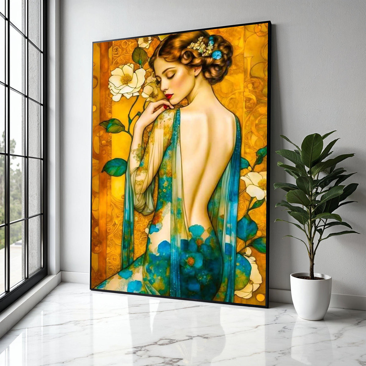 Elegant Woman with Floral Sheer Dress Canvas, Artistic Portrait Wall Art, Vintage Style Canvas, Decorative Home Gift Art, Home Decor, Print
