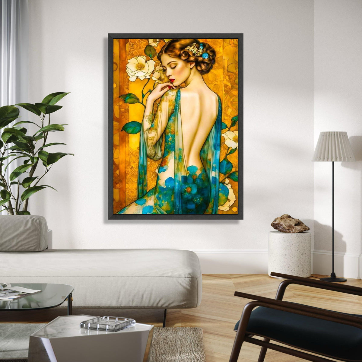 Elegant Woman with Floral Sheer Dress Canvas, Artistic Portrait Wall Art, Vintage Style Canvas, Decorative Home Gift Art, Home Decor, Print