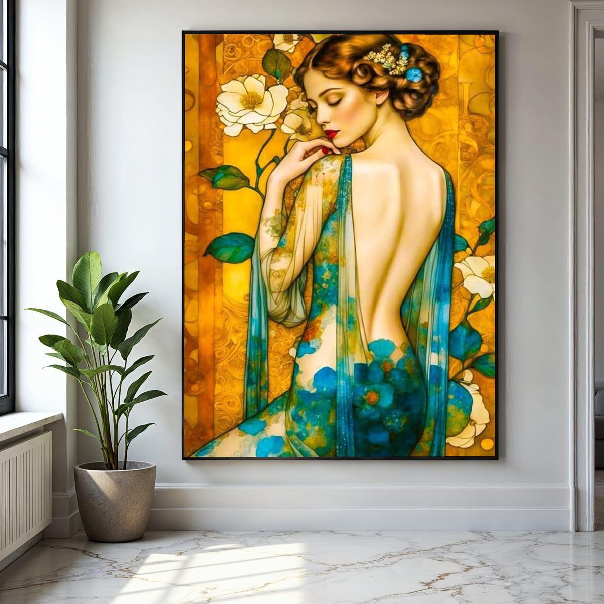 Elegant Woman with Floral Sheer Dress Canvas, Artistic Portrait Wall Art, Vintage Style Canvas, Decorative Home Gift Art, Home Decor, Print