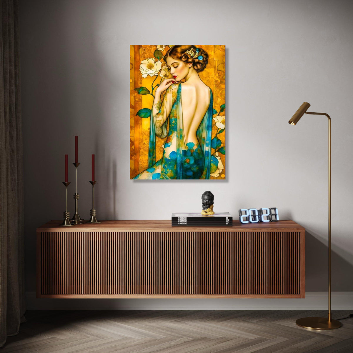 Elegant Woman with Floral Sheer Dress Canvas, Artistic Portrait Wall Art, Vintage Style Canvas, Decorative Home Gift Art, Home Decor, Print